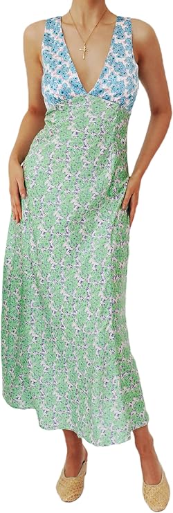 Women Floral V-Neck Maxi Dress Boho Backless Lace Trim Going Out Dress S/M/L