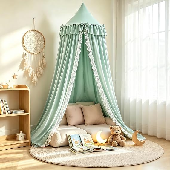 Kertnic Bed Canopy for Girls, Ruffled Soft Pink Princess Canopy Dreamy Bow Decor, Bed Canopies for Girls Room, Hanging Canopy Bedding Drapes Reading Nook Play Tent (Green)