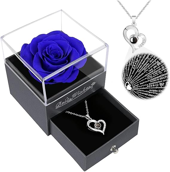 Preserved Rose Flowers With Necklace,Christmas Flowers Gifts for Women Mum | Christma & Birthday Gifts For Women Mum Her.Preserved rose & 100 languages 'I Love You' necklace.Lasts 3-5 years