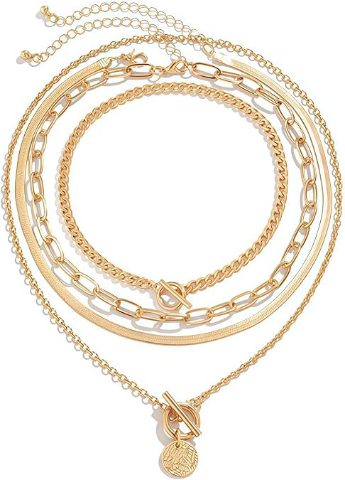QCWN Gold Layered stacked Necklaces for women 3PS Chunky Statement Necklaces Stack Mixed Metal Charm Necklace for Women Trendy Coin Jewelry Gift for Her Gifts