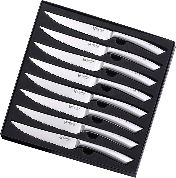 Steak Knife Set of 8 - Premium Stainless Steel Dishwasher Safe, Serrated Edge - Fashion Style, Polished Blade & Handle - 4.5'' Kitchen Dinner Table Knife Set Non Straight