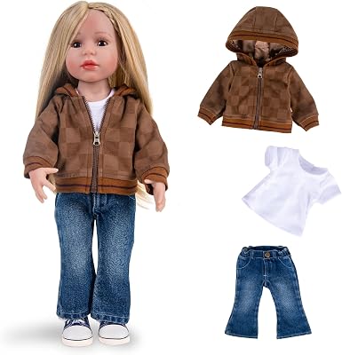 3 Pc. Set Doll Clothes Set, Brown Coat & Blue Jeans & White T-Shirt Baby Doll Clothes Suit Without Doll & Shoes