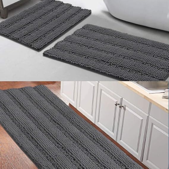 Turquoize Chenille Bath Rug Bundle Order Bath Runner 59" X 20" and Bath Rug Set 32" x 20"/17" x 24" Gray