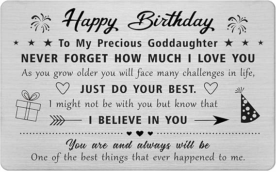 FALOGIJE Goddaughter Birthday Card Gifts, Engraved Metal Wallet Card