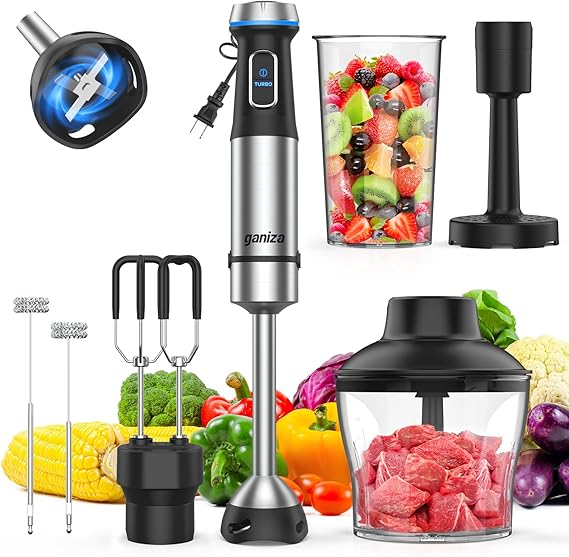Ganiza Immersion Blender Handheld, 6 in 1 Corded Hand Blenders Immersion | Stainless Steel Blade, 15 Speed Stick Blenders Electric, 800ml Mixing Beaker, 600ml Chopper, Whisk, Frother, Potato Masher