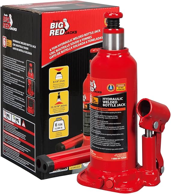 BIG RED T90603B Torin Hydraulic Welded Bottle Jack, 6 Ton (12,000 lb) Capacity, Red