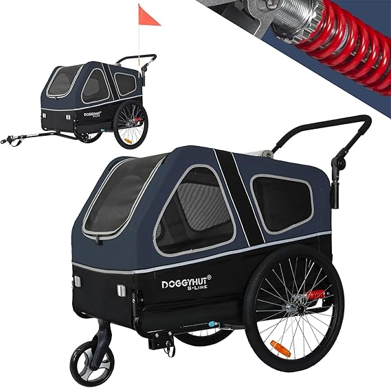 DOGGYHUT S-Line XL Pet Bike Trailer & Stroller for Large Dogs Up to 100 lbs, Folding Dog Cart with Shock-Absorbing Suspension Wheels, Low Center of Gravity, Parking Brakes