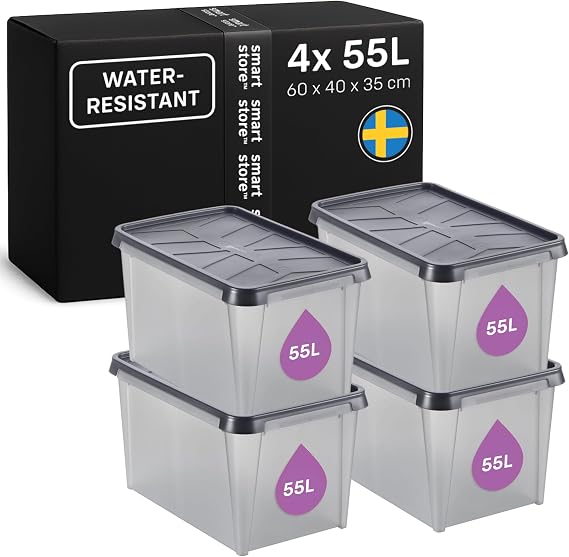 SmartStore 55 L Waterproof Plastic Storage Boxes with Lids-Set of 4-Frosted-Stackable and Nestable--Food Safe and BPA Free-IP44 rating-L60 x W40 x H35 cm, Anthracite