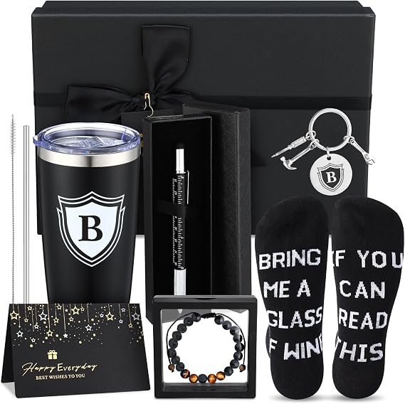 Pickmesh 6 Pcs Initial Gifts Set for Men Personalized Tumbler Birthday Wedding Gift Basket Box Set for Dad, Husband, Boyfriend, Coworker, Retirement Father's Day Gifts(B)