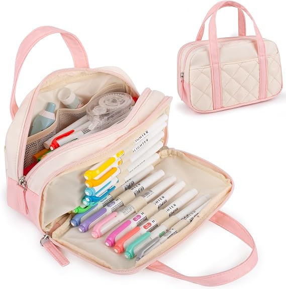 2 Compartment Pencil Case for Girl, Large Pen Pouch With Handle for School