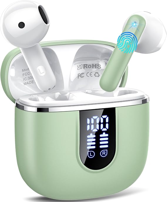 Wireless Earbuds, Bluetooth 5.4 Headphones with 3D Bass Stereo, 40H In-Ear Buds with 4 ENC Noise Cancelling Mic, Ultralight Bluetooth Earbuds USB-C LED, IP7 Waterproof Earphones for Android iOS, Green