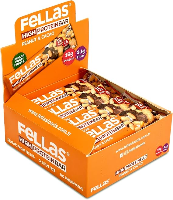 Fellas Yüksek Protein Bar, Yer Fıstıklı ve Kakaolu, 45gr x 12 Adet