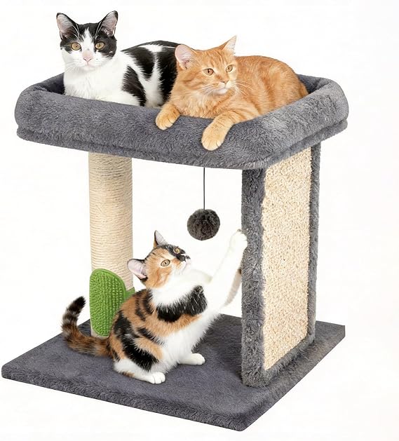 Cat Scratching Post Small Cat Tree with Cat Self Groomer, 17.3x13.4 Wide Top Bed, Natural Scratch Post and Danging Ball Great for Kittens and Average Indoor Cats-Grey