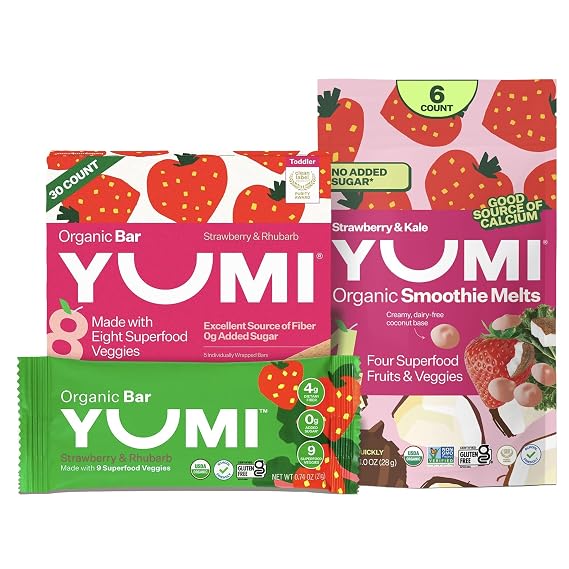 Yumi Organic Toddler Snacks Bars - Gluten-Free, No Added Sugar, 7+ Vegetables, Strawberry & Rhubarb (30ct.) & Yumi Smoothie Melts - Toddler, Kids & Baby Snacks, Gluten-Free, Strawberry & Kale (6 ct.)