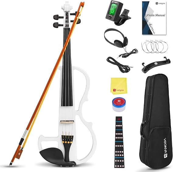 Vangoa Electric Violin 4/4 Full Size Silent Violin Set for Beginner Adults Teens, Solid Maple Wood Metallic Electronic Quite Violin with Ebony Fittings, White