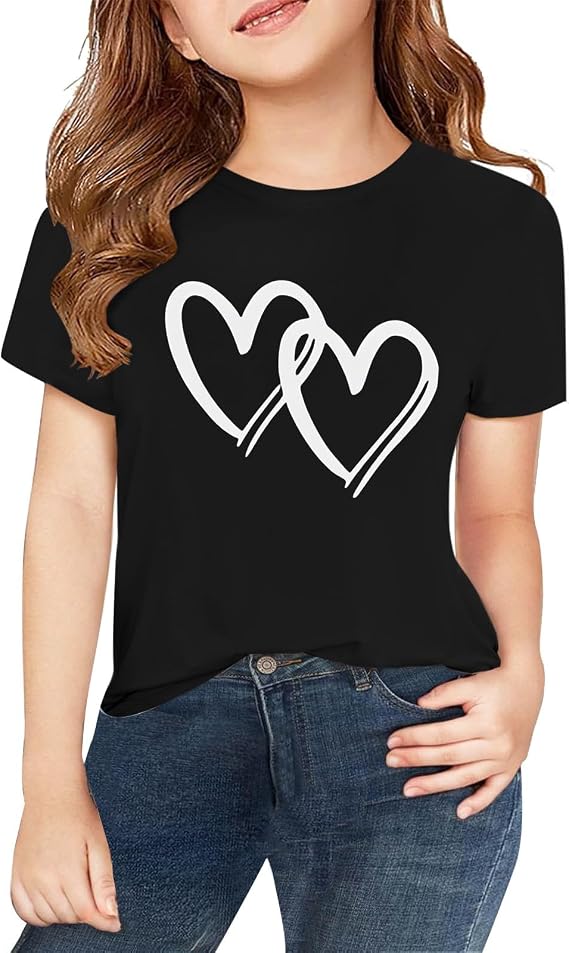 Little Girls Heart Graphic Tee Short Sleeve Basic Cotton Soft Dry Fit Tops Teens Summer Casual Crewneck Trendy Printed Shirt