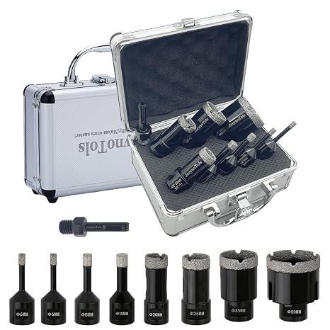 9PCs Daily Diamond Core Drill Bit Kit,6/8/10/20/25/35/50/65/100mm Drill Bits & 1Pc Adapters for Ceramic Tile Marble Porcelain,5/8-11 Thread.Hole Saw Diamond Drill Bit Set,Tool Box