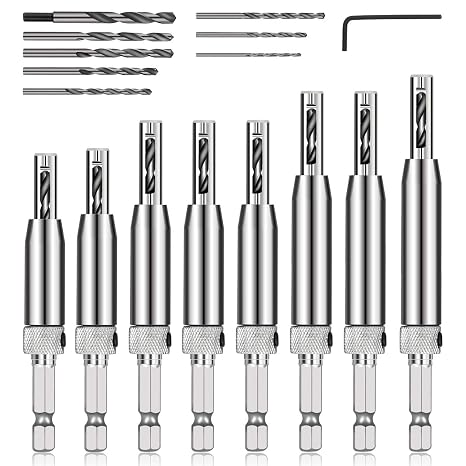 COMOWARE Self-Centering Drill Bit Set, 17pcs VIX Bits, 1/4" Hex Shank Self-Centering Hinge Drill Bit Set for Woodworking Window Door Hinge, Quick Change with 1 Hex Key & 8 Drill Bits 5/64-1/4