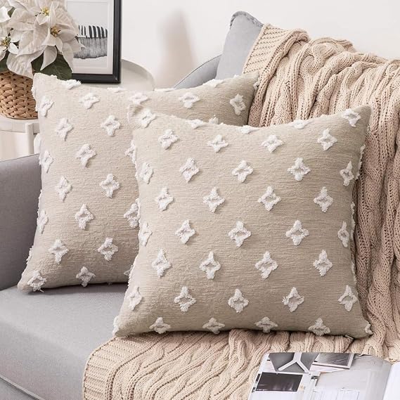 MIULEE Set of 2 Decorative Throw Pillow Covers Rhombic Jacquard Pillowcase Soft Square Spring Cushion Case for Couch Sofa Bed Bedroom Living Room, 18x18 Inch, Beige