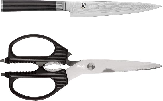 Shun Classic 6" Utility Knife & Kai Multi-Purpose Kitchen Shears Set | Handcrafted Japanese Set, VG-MAX Core with Damascus Stainless Steel Cladding, Pakkawood Handle