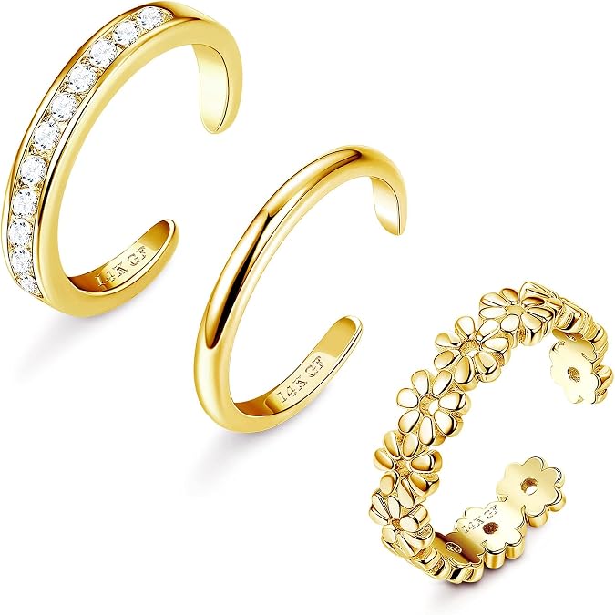 FIASASO 3 Pcs Gold Filled Toe Rings for Women Non Tarnish Adjustable Ring