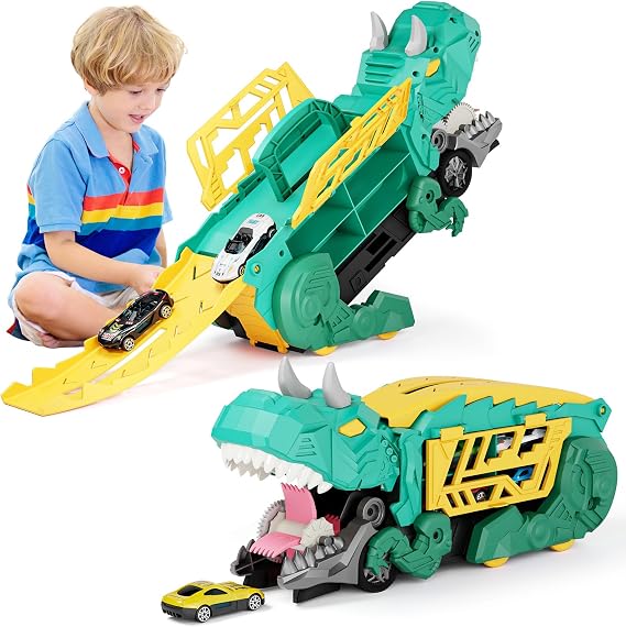 SHAWE Dinosaur Transporter Truck Toys for Boys Age 3-8, Portable Sliding Race Track Toy, 6 Racing Cars, Swallowing Action, Transformable Carrier Truck Car Toy Gifts for Kids 3 4 5 6 Years Old