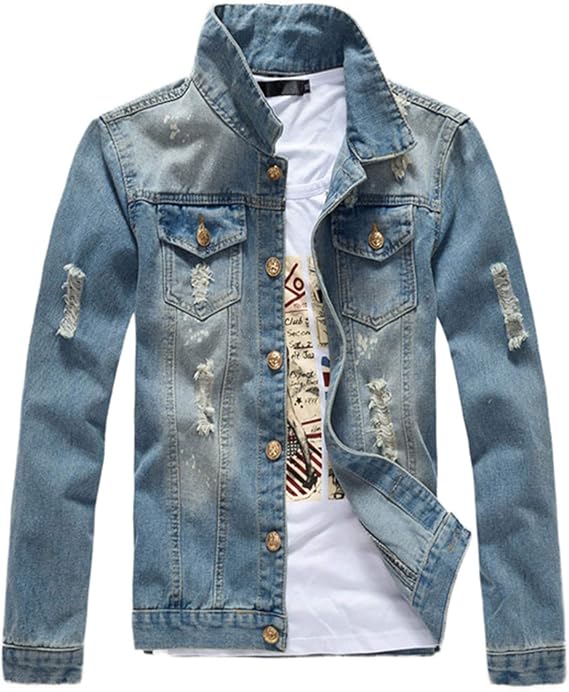 Mens Classic Ripped Motorcycle Denim Jacket With Hole