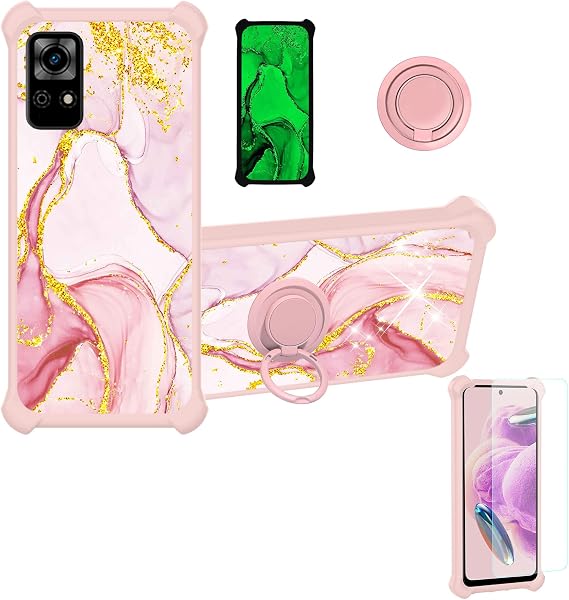 Aroepurt Case Compatible for PCD P65 US Phone Case Cover [with Tempered Glass Screen Protector][Hard PC + Soft Silicone][Ring Support] [Gold Glitter+Luminous] JSF-FDL
