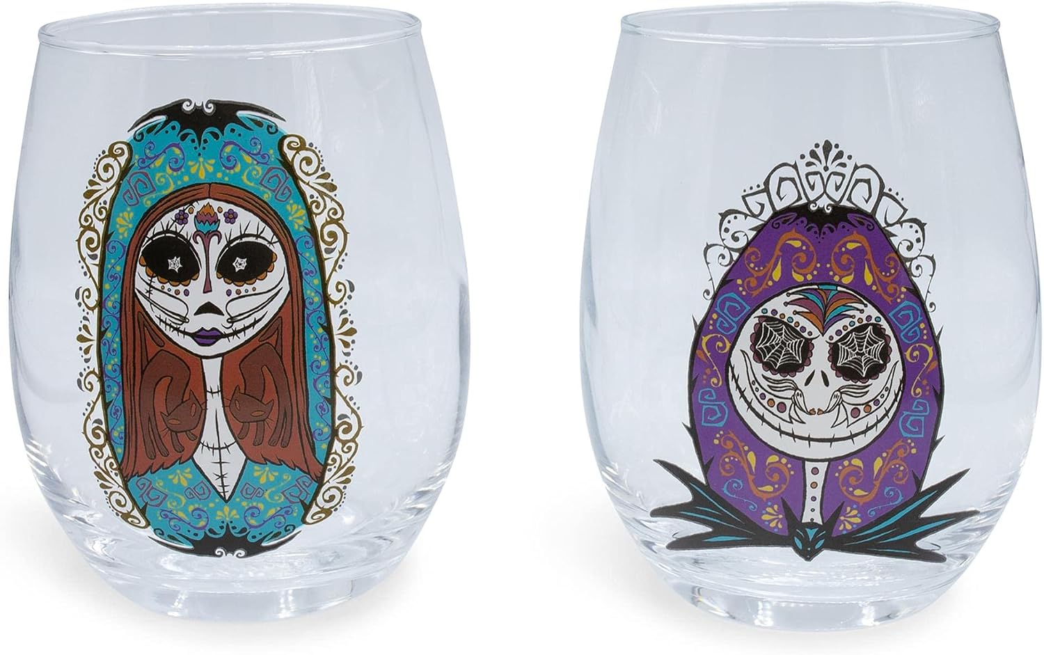 Disney The Nightmare Before Christmas Jack and Sally 20-Ounce Stemless Wine Glass Set | Cocktail Glasses For Home Kitchen Barware Set | Day of the Dead Halloween Home Decor, Tim Burton Gifts