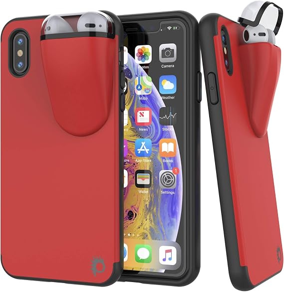 Punkcase iPhone X Airpods Case Holder (TopPods Series) | Slim & Durable 2 in 1 Cover Designed for iPhone X (5.8") | Protects Your Phone & Stores Your AirPods Gen. 1 & 2 [Red]