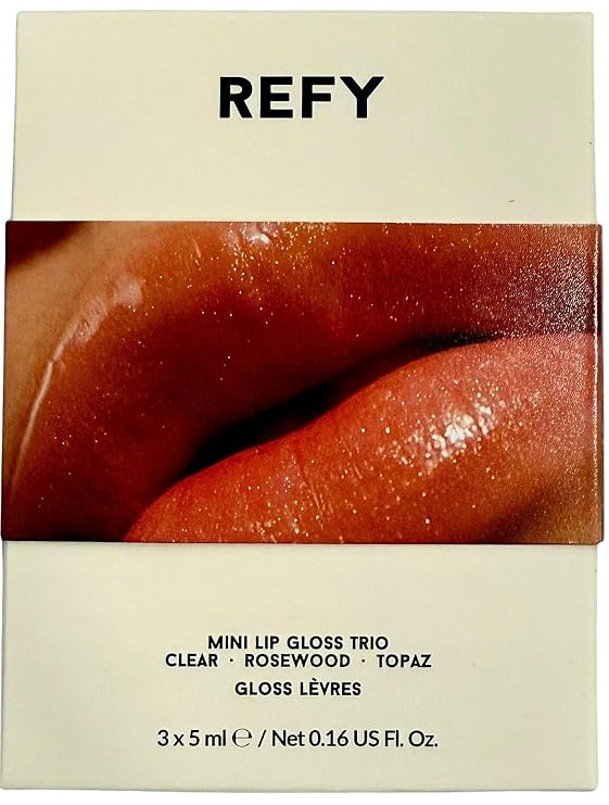 REFY Mini Lip Gloss Trio Clear, Rosewood & Topaz Shades, Hydrating Non-Sticky Lip Gloss Set, 3 x 5 ml