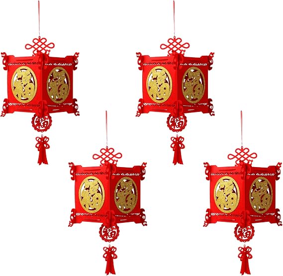 Riakrum 4 Pieces Chinese New Year Lantern Decoration 2026 Lunar New Year Lanterns Lucky Red Fu 3D Puzzle Traditional Chinese Lantern for Spring Festival Restaurant Celebration(17.7 x 10 Inches,Square)