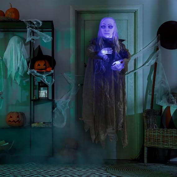HollyHOME Animated Hanging Ghost Girl with Glowing Head and Creepy Sounds Halloween Decorations Outdoor Haunted House Prop Decor 48 Inch