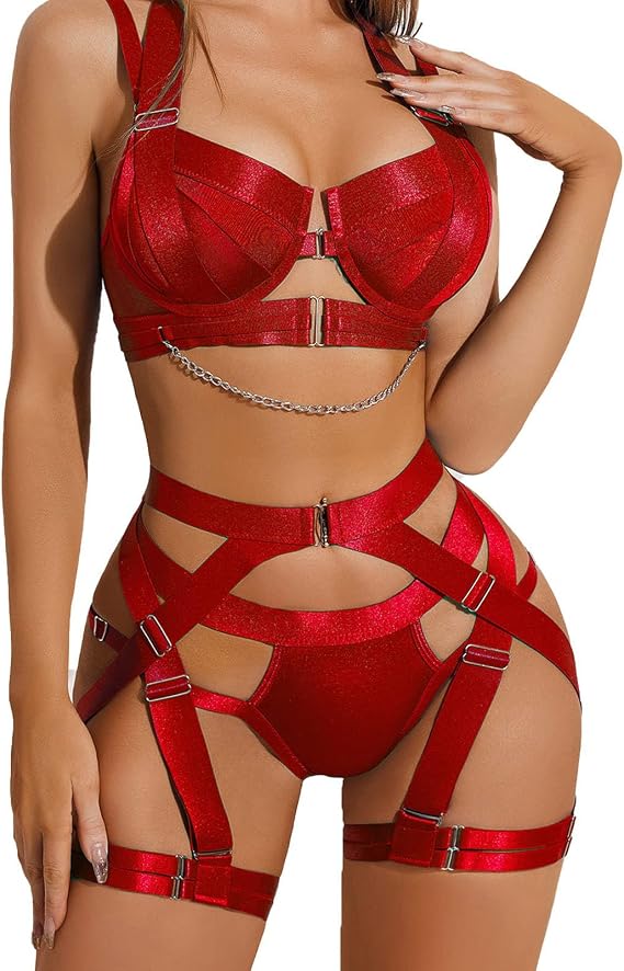 Women Sexy Strappy Lingerie Sets with Garter Belt, Halter Bra and Panty Underwear Set for Sex Naughty