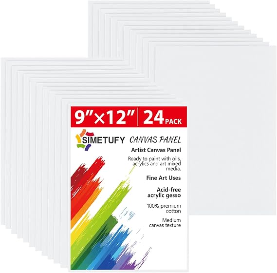 Simetufy 24 Pack 9x12 inch Flat Canvas Boards for Painting 8oz Gesso Primed