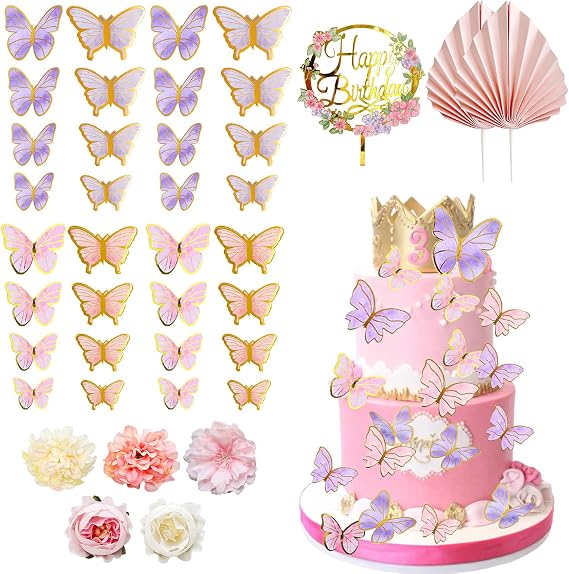 90 PCS Butterfly Cake Decorations Flower Cake Toppers Purple Pink Butterfly Cupcake Toppers for Girls Women's Birthday Party Wedding Baby Shower Supplies