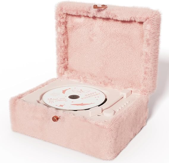 Plush Fuzzy Pink CD Player with Bluetooth, Remote Control