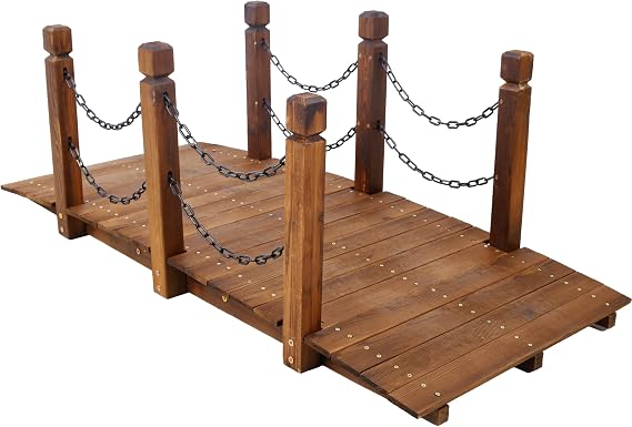 5 ft Garden Bridge, Classic Wooden Arch with Safety Rails Finished Footbridge, Decorative Pond Landscaping, Backyard,Wood Arc Footbridge with Chain Railings for Backyard, Easy to Assemble (Brown)