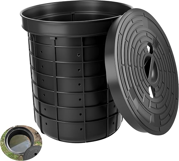Perforated Sump Pump Basin with Lid and Holes, designed for sump pump use, suitable for kitchen sinks, sewage pump wells, irrigation valve control boxes, and drainage systems (13 x 11.4 x 15 Inch)