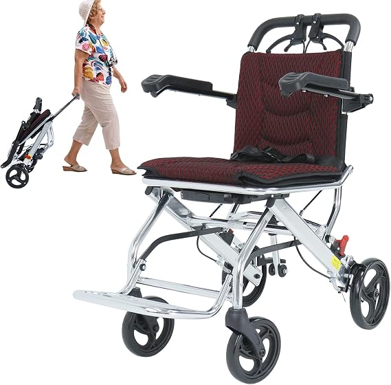 Portable Folding Wheelchair Ultra-Light Wheelchair for The Elderly and ChildrenTravel Wheelchair with Luggage Trolley(Load-Bearing 220 lb)
