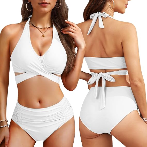 Zando V Neck High Waisted Bikini Swim Suits for Women 2026 Two Piece Tummy Control Swimsuit 2 Piece Bathing Suit Halter