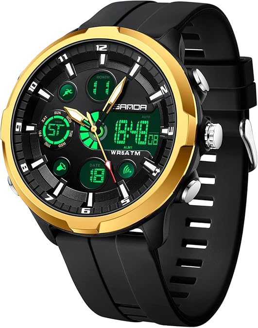 Gosasa Fashion Men's Digital Analog Sports Watch, 53mm Large Face 50M Waterproof Multifunction Luminous Watch with Alarm, Stopwatch, Dual Time, Silicone Strap for Outdoor and Daily Use