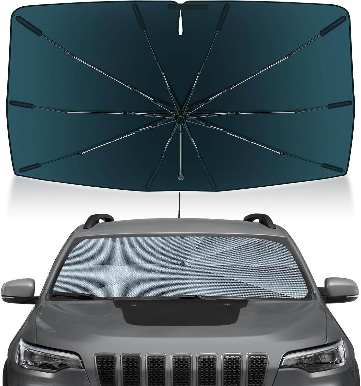 Autorder Windshield Sun Shade Umbrella for 2014-2023 Jeep Cherokee SUV Accessories,Upgraded Ice Crystal Material,Easy Setup Umbrella Sunshade for Car Windshield,100% Sun Blocking