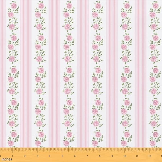 Rose Fabric By The Yard, Floral Pattern Upholstery Fabric, Geometric Strip