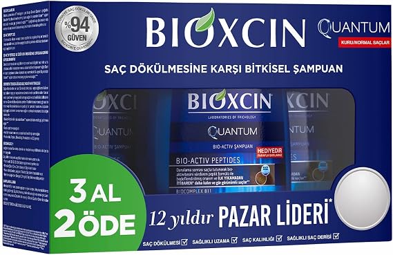 Bioxcin Quantum Şampuan – Kuru ve Normal Saçlar İçin – 3x300 ml – Dökülme ve İncelme Karşıtı – Bio-Activ Peptit, BioComplex B11, Bal ve Mentol İçerikli