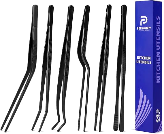 Kitchen Tweezer Tongs Set, 6 Pcs, 8" Stainless Steel, Black