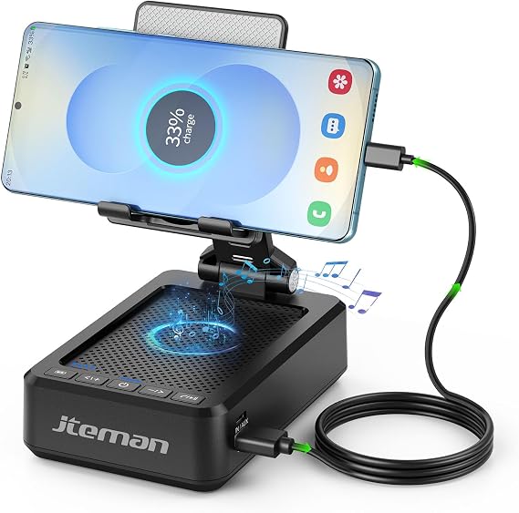 JTEMAN Cell Phone Stand with Bluetooth Speaker and Charging Function