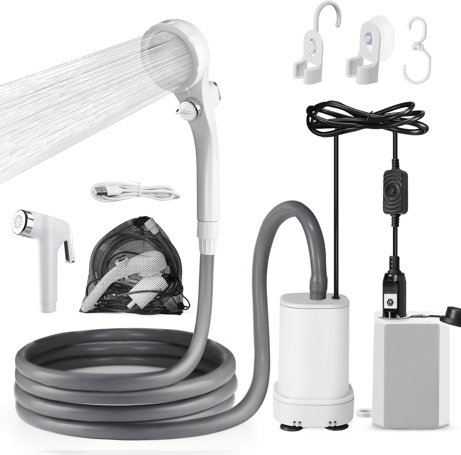AUTOPkio Portable 2-in-1 Camp Shower Pump With Rechargeable Battery for Camping, Beach, Hiking, Outdoor, and Pet Cleaning