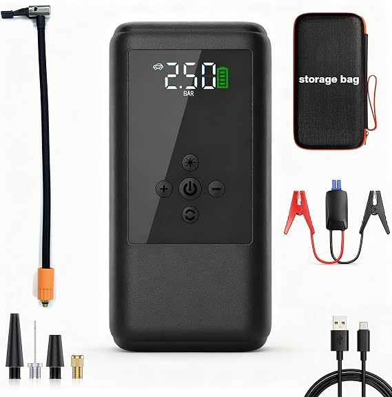 Jump Starters with Air Compressor | 250PSI Tire Inflator Portable Car Battery Booster with, 12V Supersafe Lithium Jump Box Car Battery Jumper Starter (10.0 Gas/6.5L Diesel)