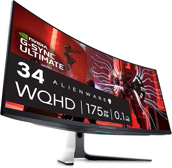 Alienware AW3423DW Curved Gaming Monitor 34.18 inch Quantom Dot-OLED 1800R Display, 3440x1440 Pixels at 175Hz, True 0.1ms Gray-to-Gray, 1M:1 Contrast Ratio, 1.07 Billions Colors - Lunar Light